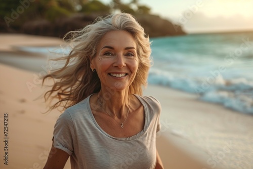 An early morning run by a mature woman on a pristine beach demonstrates her commitment to fitness and her love for nature's beauty