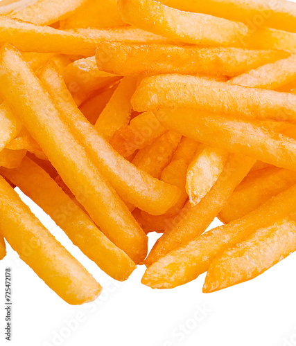 Golden French fries potatoes on white background
