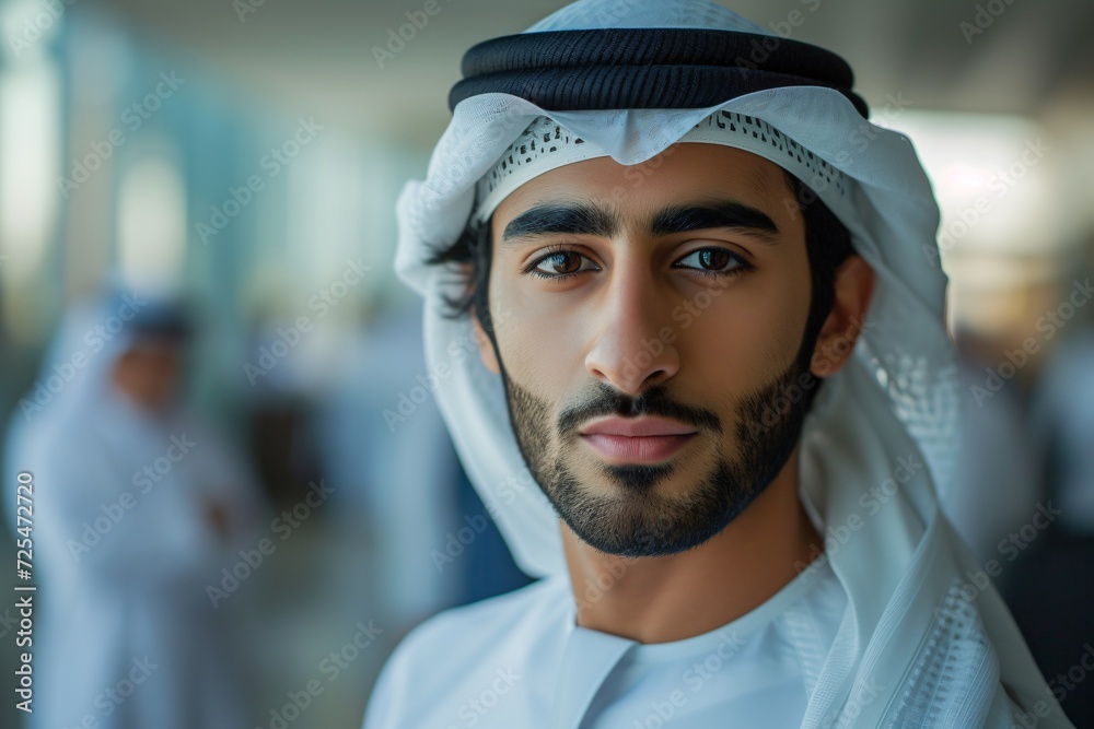 An Emirati man in traditional clothing working in a professional setting, representing the ideal Middle Eastern business concept. An Emirati man in traditional clothing working in a professional setting, representing the ideal Middle Eastern business concept.