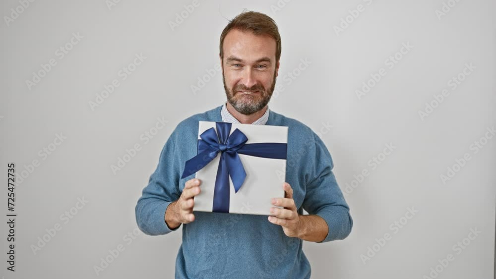 Excited, confident hispanic man joyfully celebrating win with cheerful expression, holding gift in a victorious, winning moment; isolated on white background Excited, confident hispanic man joyfully celebrating win with cheerful expression, holding gift in a victorious, winning moment; isolated on white background