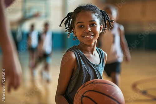 Young student leading a basketball in a physical education class at the school gym with her coach and peers in the background.