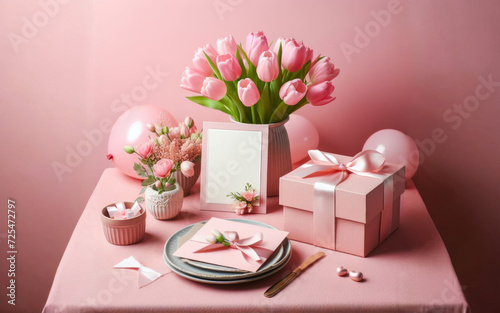 Mother's Day concept. Top view photo of heart shaped plate fork knife stylish gift boxes with ribbon bows and tulips