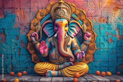 Vibrant depiction of Hindu deity Ganpati on ornamental backdrop - Contemporary 3D wall art poster at citadel. photo