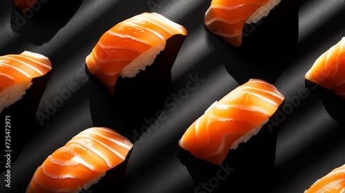 Flat lay of fresh nigiri of salmon and shrimp pattern. Black background. Aesthetic food concept. Generative AI