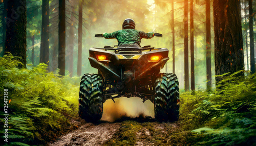 Back view of an off road vehicle quad racing fast in a green forest. ATV 4x4, All Terrain Vehicle. Generative Ai.