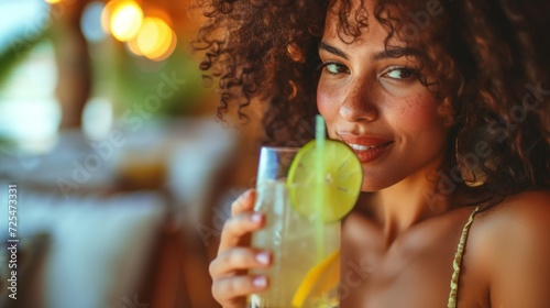 Elegant woman drinking a caipirinha