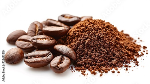 Pile of coffee grounds and beans on a blank background.