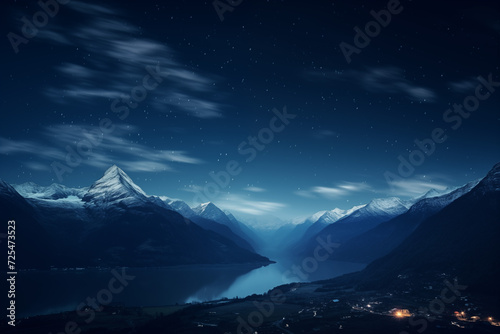 Starry Night over Snow-Capped Mountains and Lake