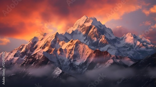 Panoramic view of the snowy peaks of the Himalayas at sunset