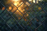 Steel mesh pattern illuminated by sunlight against a detailed fence with a light background.
