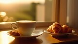 A cup of cappuccino and a croissant on a window sill in the early morning sunrise.