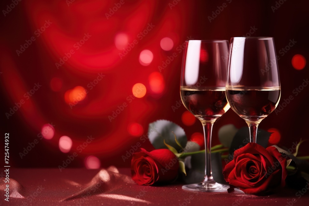 A Valentine's Day background red roses and wine at red backdrop with copyspace.Valentine's day card,march 8 card,birhtday card concept A Valentine's Day background red roses and wine at red backdrop with copyspace.Valentine's day card,march 8 card,birhtday card concept