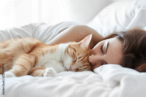 Young woman with cute cat sleeping in bed 