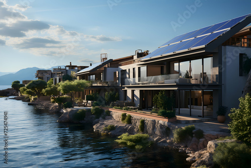 Modern house with solar panels on the roof, Lake Garda, Italy