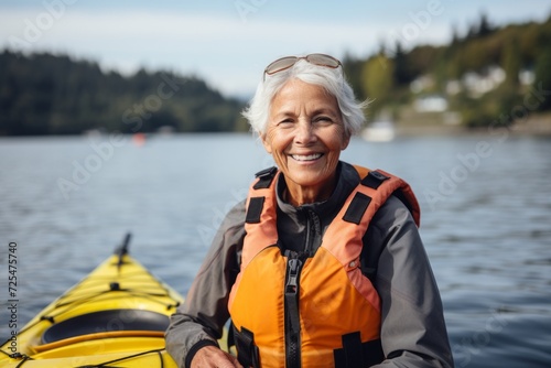 senior woman in life jacket kayaking on lake at summer day © Nerea