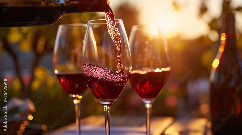 Sipping crimson wine into goblets during sundown.