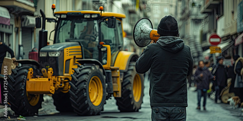 Witness the strength of rural activism with this striking image of a farmer on strike, using a tractor to protest against tax increases.The scene reflects the challenges for their rights amid economic © Planetz