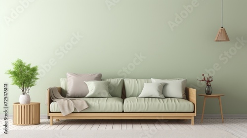 Light green sofa with brown and beige pillows against wall with copy space. Scandinavian home interior design of modern living room