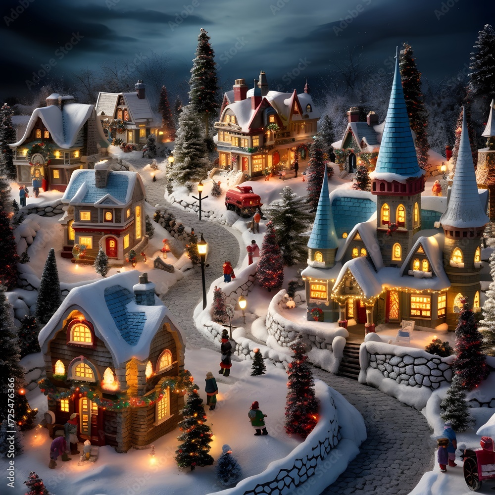 Miniature houses in the snow at night. Christmas and New Year concept.