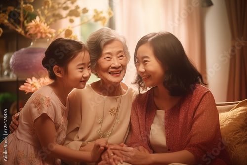 Senior asian woman with her daughter and granddaughter at home. Bright scene. Sharing happy moments together