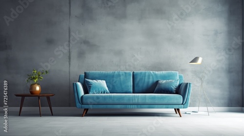 Blue sofa against concrete wall. Scandinavian loft home interior design of modern living room in minimalist studio apartment