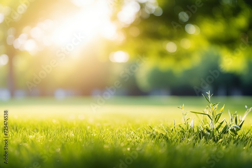 Spring bliss. lush green grass in foreground, softly blurred sunny backdrop, essence of spring