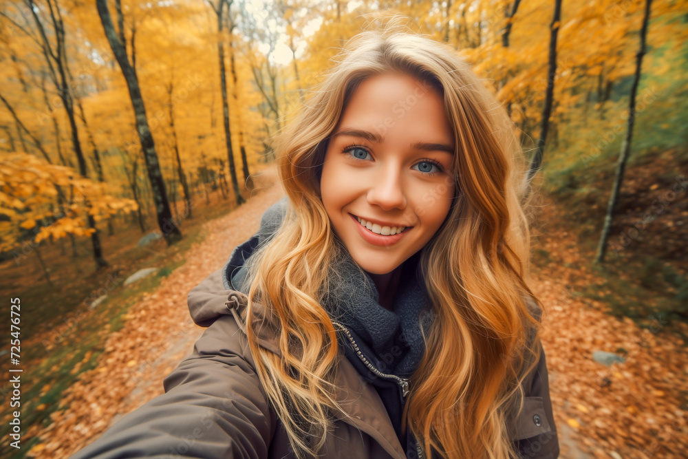 Happy young woman taking selfie in the autumn forest