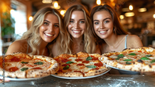 Three young women in a pizzeria
