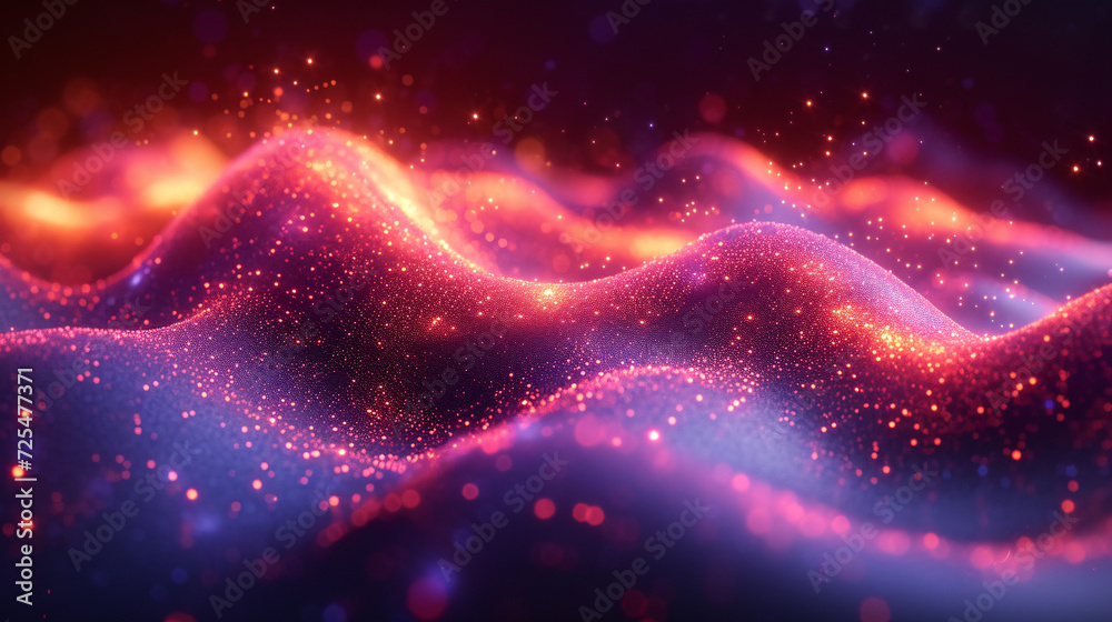 Glowing waves with sparkling particles against a dark backdrop