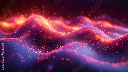 Glowing waves with sparkling particles against a dark backdrop photo