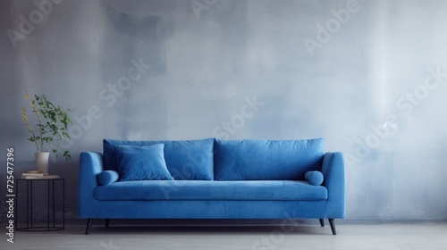 Blue sofa against concrete wall. Scandinavian loft home interior design of modern living room in minimalist studio apartment