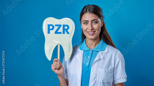 Zahnärztin hält ein Zahn Schild mit dem Text „PZR