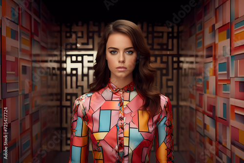 A portrait of female model with light makeup wearing retro elegant and colourful outfit in synchromism style with the colourful background. Aesthetic portrait of brunette model staring at the camera.
