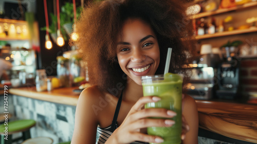 Radiant Young Woman Enjoying Green Smoothie in Cozy Cafe - Healthy Lifestyle  Natural Beverage  and Modern Casual Dining Experience