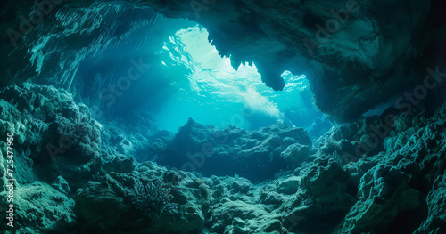 Underwater, ocean and aquarium life with rock cave for ecosystem, marine and environment. Vibrant blue, calm sea and sunbeam for scuba dive exploration, travel location and island holiday activity