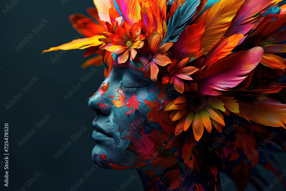 Abstract Beauty: A Colorful Floral Portrait of a Young Woman, with Watercolor Hair and Vibrant Makeup