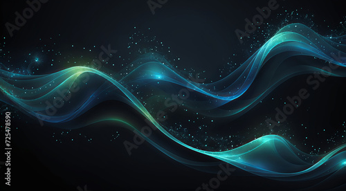 Abstract background with green waves and particles. AI