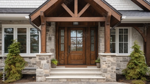 Main entrance door in house. Wooden front door with gabled porch and landing. Exterior of georgian style home cottage with white columns and stone cladding © Usman