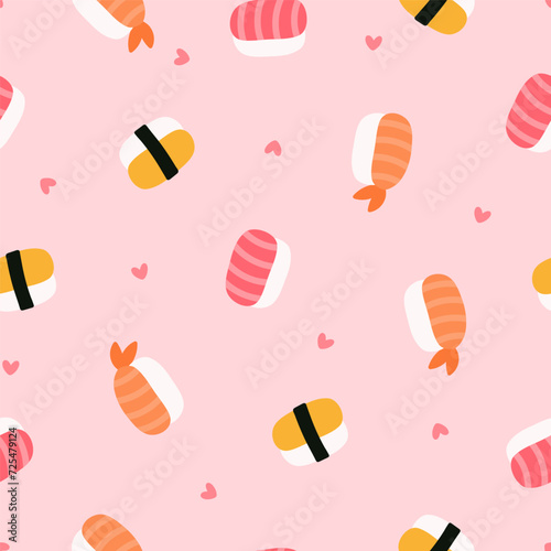 Seamless pattern with cute sushi rolls and pink hearts