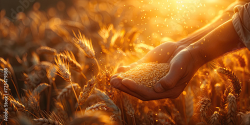 Hardworking farmer reaching out hands to harvest golden wheat, a symbol of agricultural dedication
 photo