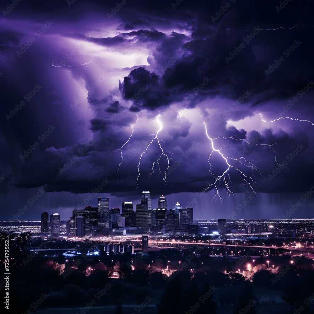 Lightning strike over the city. Thunderstorm over the city.