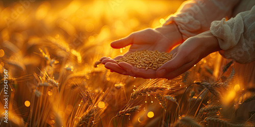 Hardworking farmer reaching out hands to harvest golden wheat, a symbol of agricultural dedication 