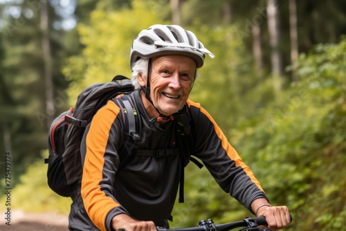 Happy senior man riding mountain bike in forest. He is looking at camera and smiling.