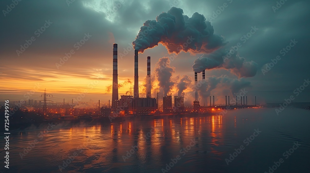 Industrial landscape with towering smokestacks releasing plumes of smoke into the orange-tinted sky at sunset, symbolizing environmental impact.