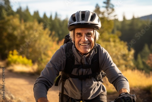 Senior man riding mountain bike on a trail in the autumn forest.