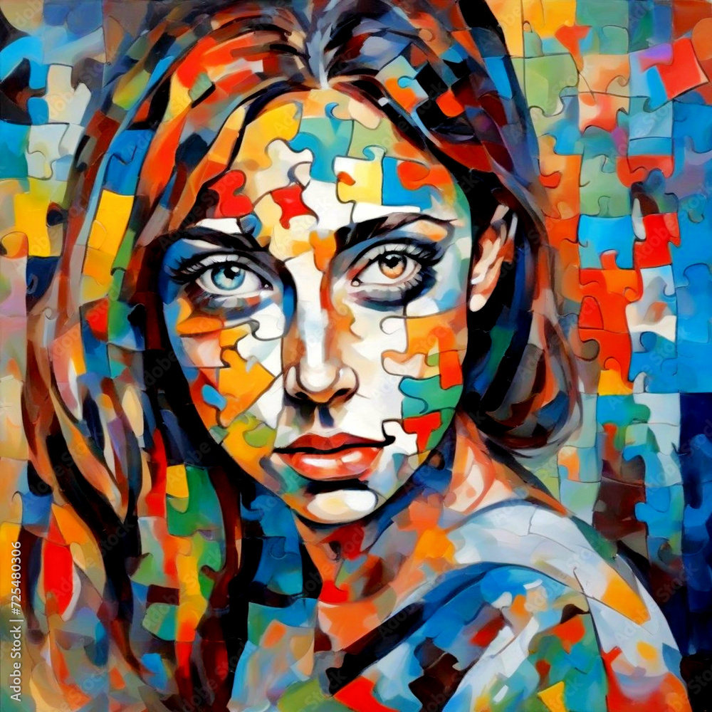 Woman Face Puzzle, Mosaic Wall Art Home Design, Stylish Mosaic Art Wall Print