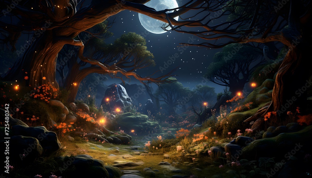 Fantasy landscape with dark forest, moon and stars. 3d illustration