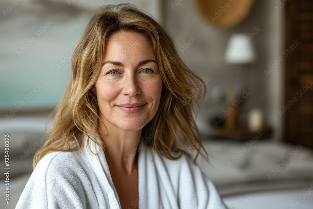 Skincare wellness spa procedures advertising concept with a happy cheerful middle aged woman wearing bathrobe at spa salon or hotel relax zone looking at camera - obrazy, fototapety, plakaty 