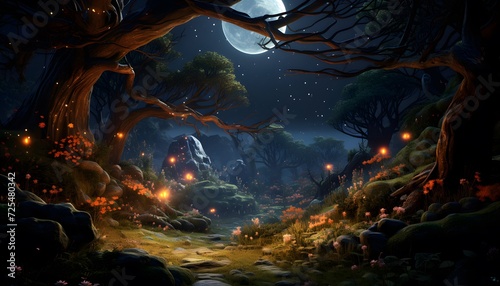 Fantasy landscape with dark forest, moon and stars. 3d illustration