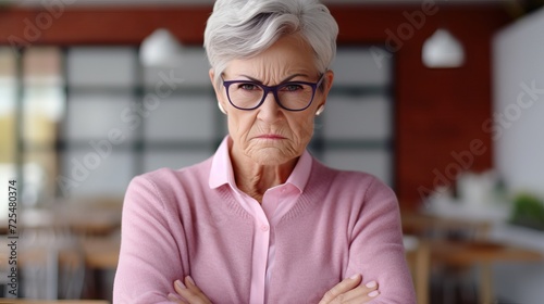 Dissatisfied Mature Woman in Kitchen: Angry Expression photo